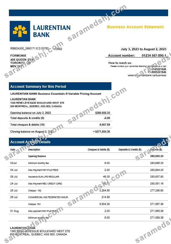 Laurentian Bank enterprise account statement Word and PDF template